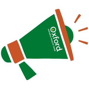 A megaphone with the oxford Ontario Health Team logo printed on it